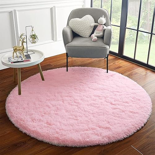Alfombra redonda rosa para dormitorio, alfombra circular esponjosa de 4 pies para habitación de los niños, alfombra suave antideslizante, alfombra