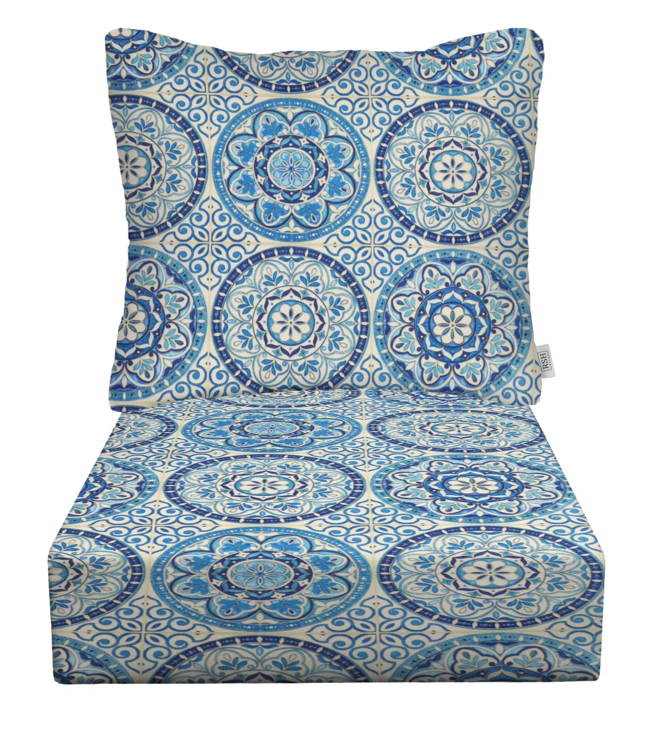 RSH DECOR: Deep Seating Cushion with Pillow Back | 24” x 27” Seat | All-Weather Spun Fabric | Water and Fade-Resistant | Outdoor Chair Cushion Set for Patio Furniture | Blue Wheel Indigo