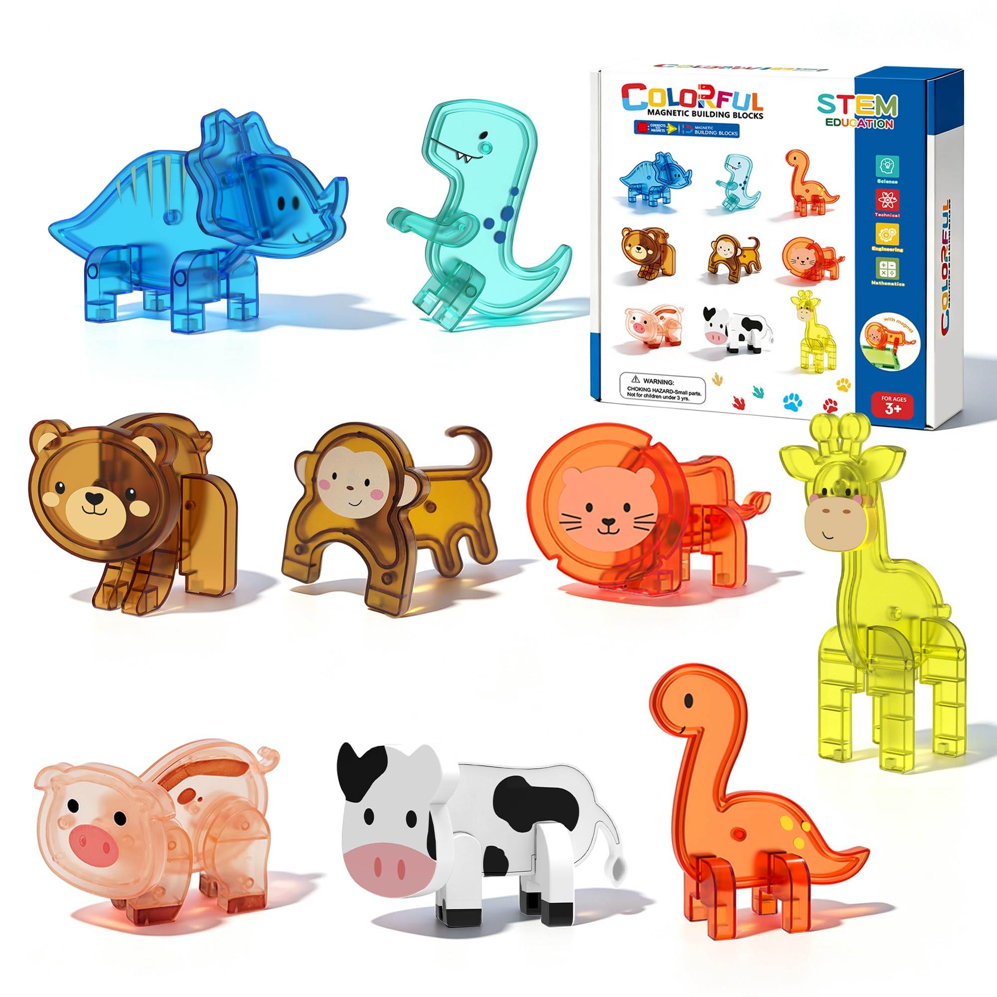 KUUFADY 9Pcs Magnetic Animals Toys, 3D Animal Figures for Magnetic Tiles