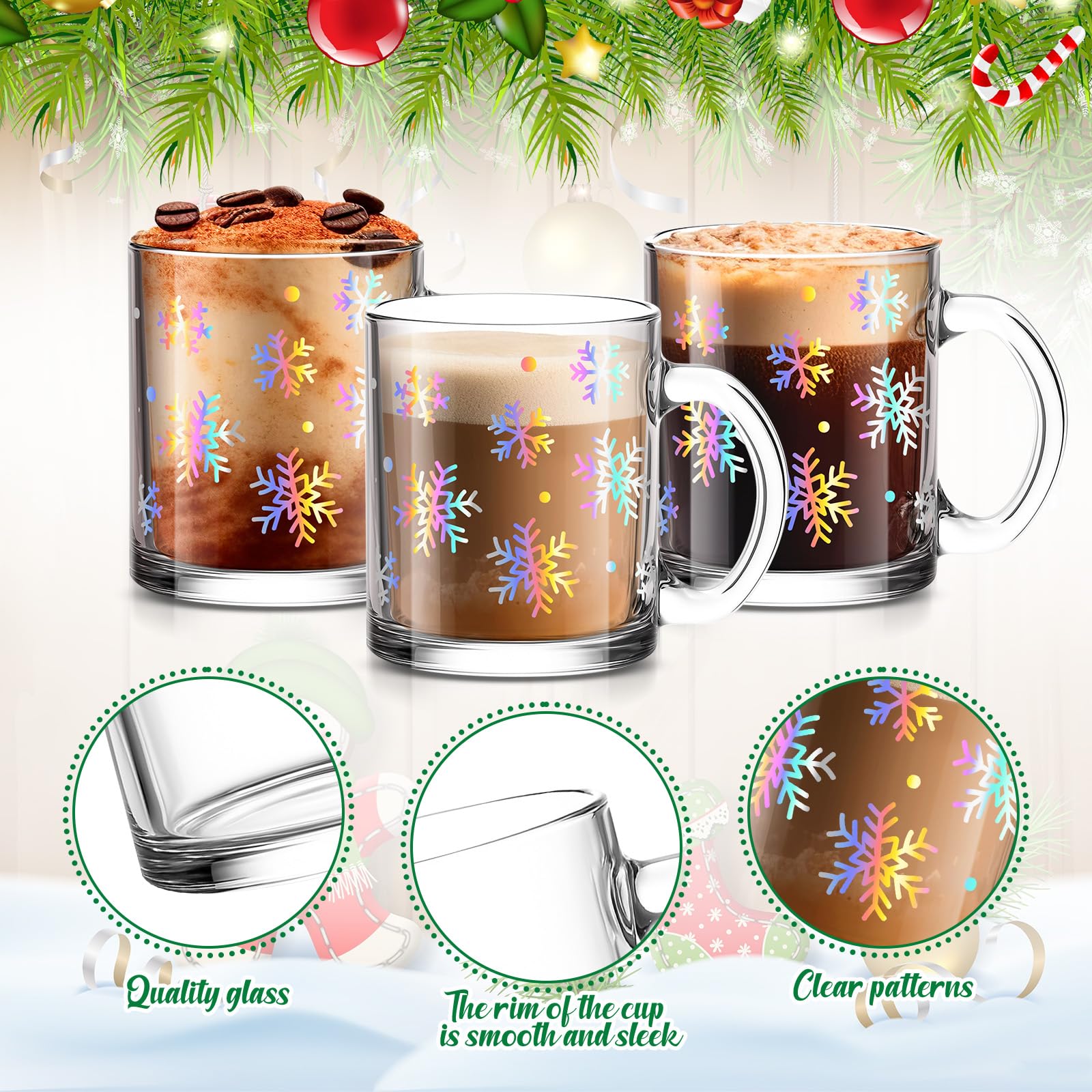 Maxcheck Kaffeetassen mit Schneeflocken-Motiv, Glasbecher, transparent, mit Griff, 340 ml, 6 Stück