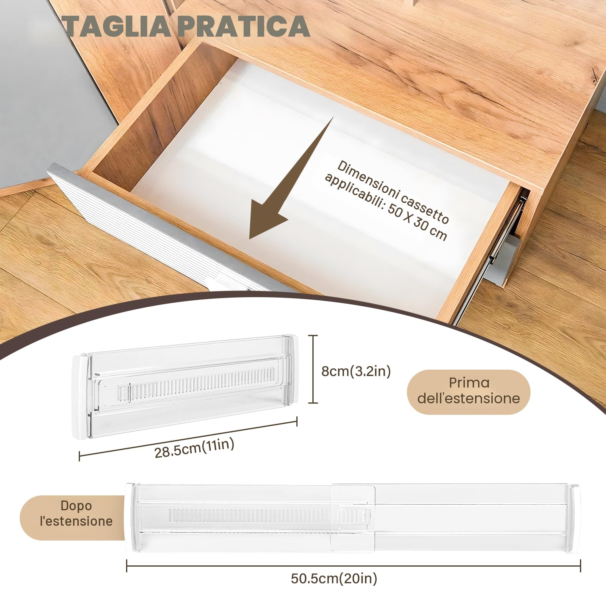 4 Pezzi Divisori per Cassetti Regolabili, alti 8cm, Regolabile da 28,5 a 50,5 cm, Cassetti in Trasparente Separatori, Divisori per Cassetti in Plastica per Camera da Letto Bagno Cucina