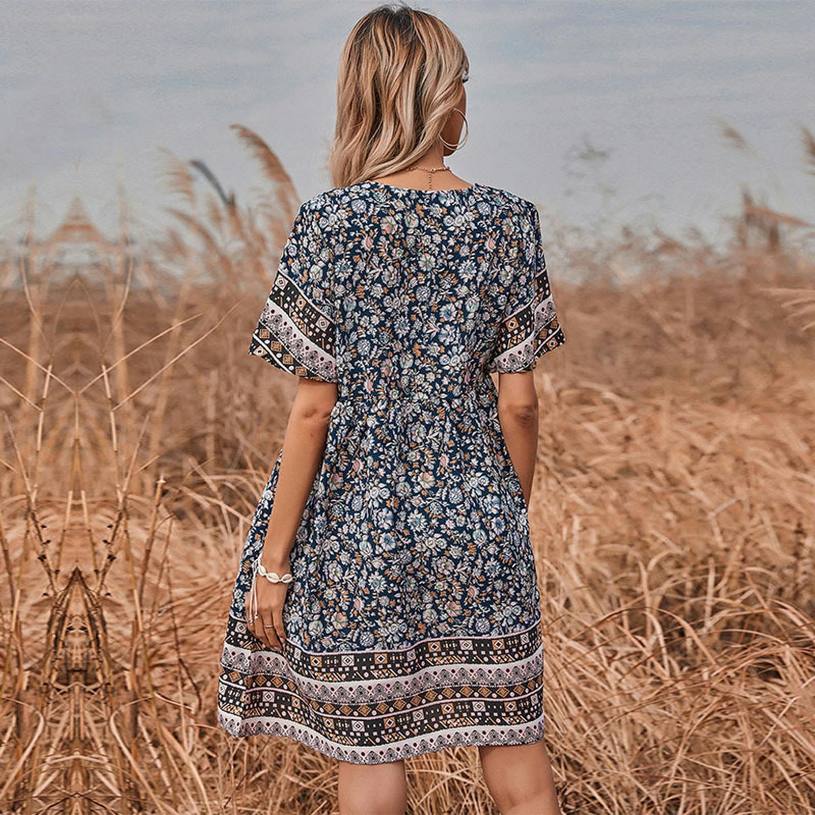Vestidos de verano para mujer, estilo bohemio, con estampado floral, cuello en V, manga corta, cintura alta, vestidos fluidos YYEFNMAZ