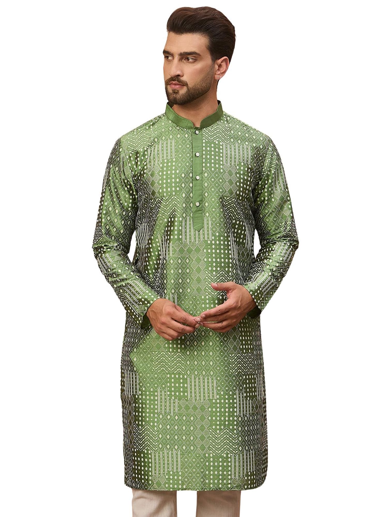 Men's Green Silk Blend Geometric Printed Calf Length Kurta | Printed Kurtas for Mens | Straight Fit Kurta's for Men-image-38