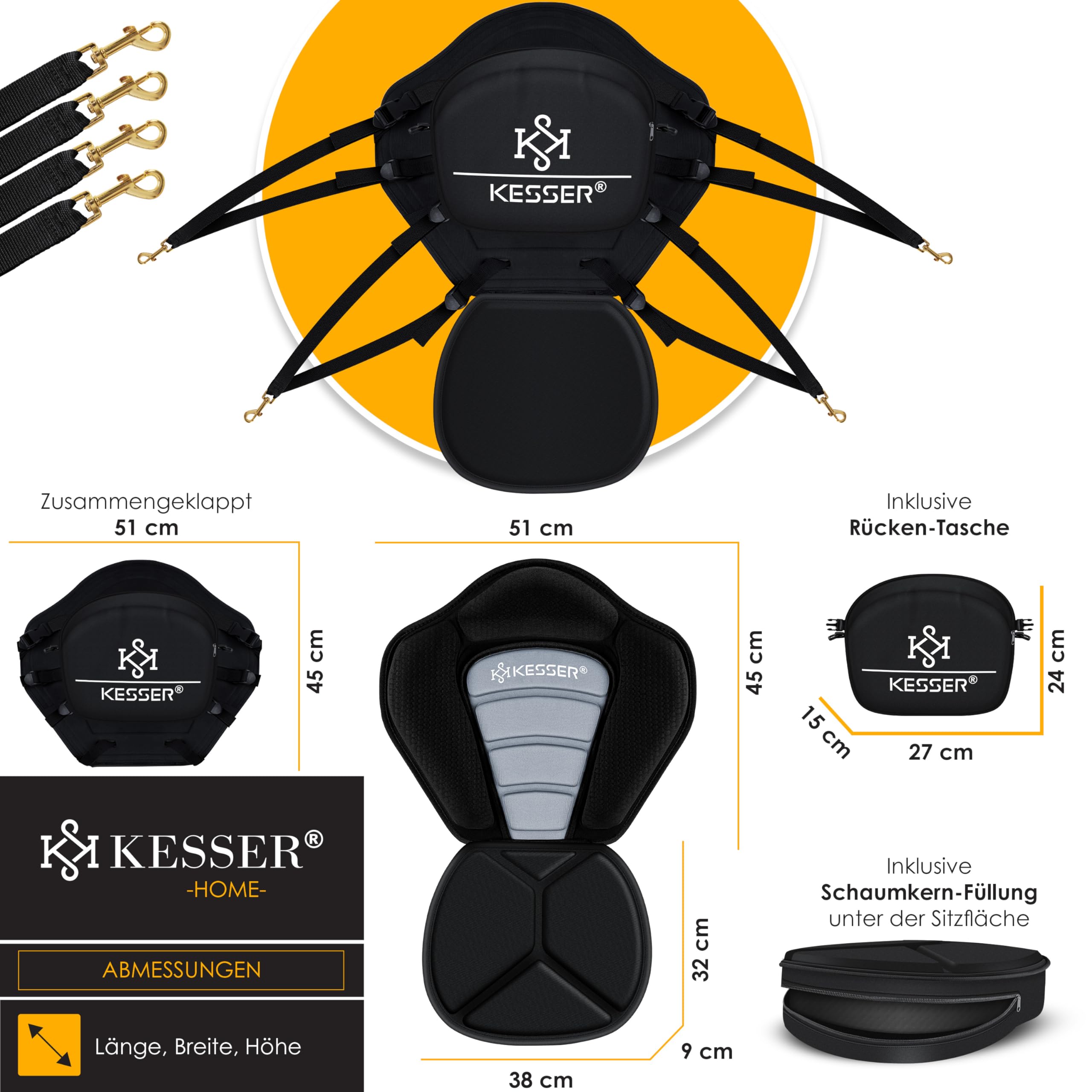 KESSER® Kajak-Sitz Premium für SUP Board Stand Up Paddle Surfboard Sitz - Inkl. Mit Tasche - SUP Paddling Paddelboards Gepolsterte Sitz 32x38cm, Rückenlehne 51x45cm schnell und einfach montiert