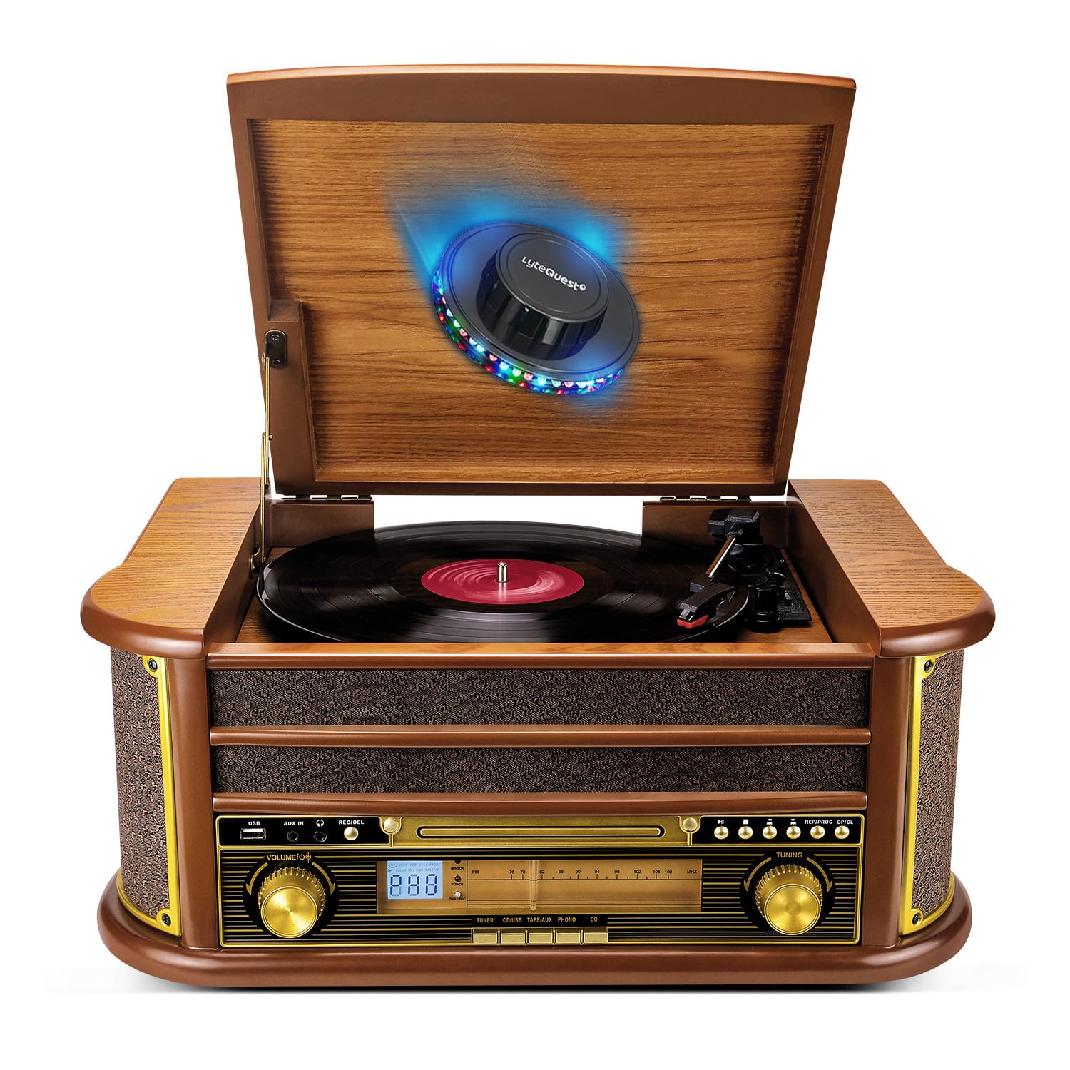 Tourne-Disque Evidence Acoustics EA-PL400 - Vinyle 33/45/78, 60W, FM, CD, Cassette, Bluetooth USB, REC, rétro, Bois, Light LED