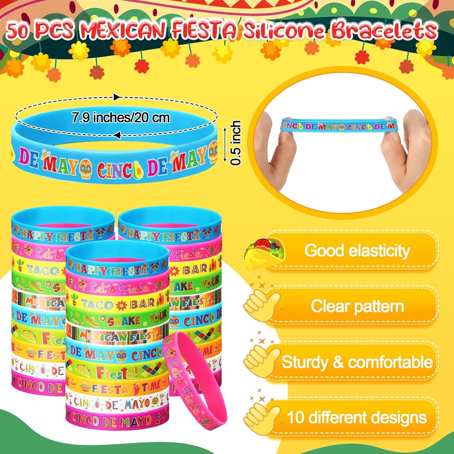 Highergo 150 Pcs Mexican Fiesta Party Favors Set 50 Cinco De Mayo Button Pins Badges 50 Fiesta Bead Necklaces 50 Party Favors Silicone Bracelets for Birthday Festival Party Supplies(Mexican Fiesta)