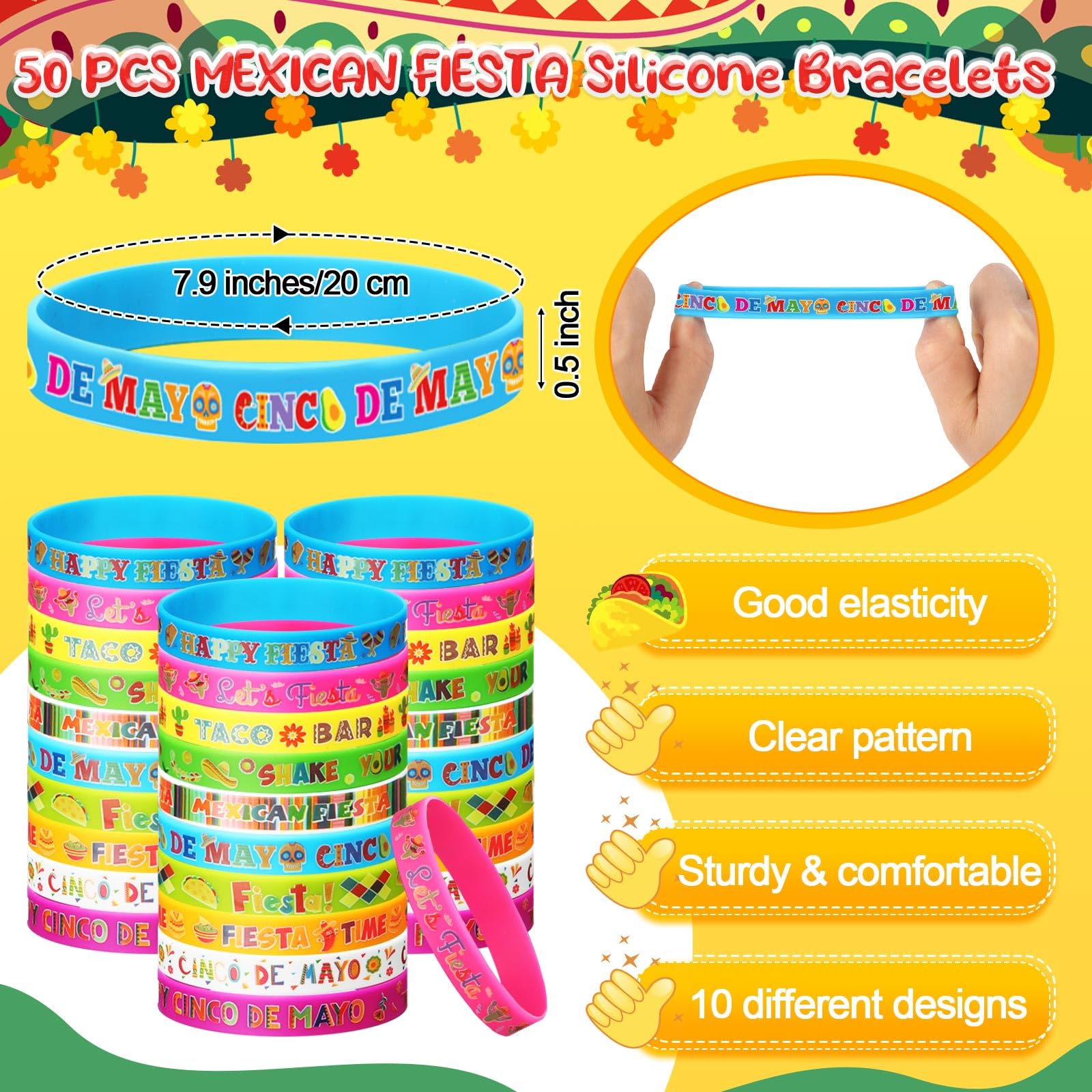 Highergo Set di 150 bomboniere messicane per feste, 50 spille cinco de mayo, 50 collane con perline Fiesta, 50 bomboniere, braccialetti in silicone per feste di compleanno, festival (festa messicana)