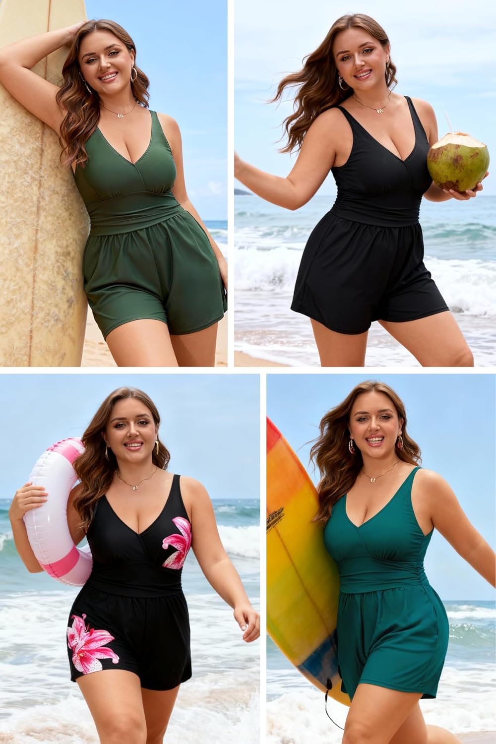 Plus Size Swim Romper Women One Piece Swimsuit Tummy Control Bathing Suit Modest Full Coverage Swimwear with Shorts Pockets - Image 6