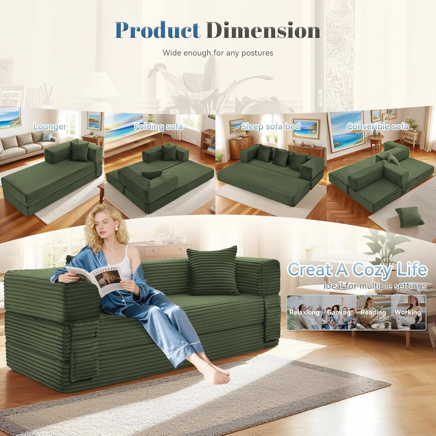 Convertible FoldIing Sofa Bed,5-in-1 Futon Queen Sleeper Sofa with Removable Armrests, Modular Futon Couch with Pull Out Bed,Boneless Couch for Living Room,Compression Sofa in Box, Light Green