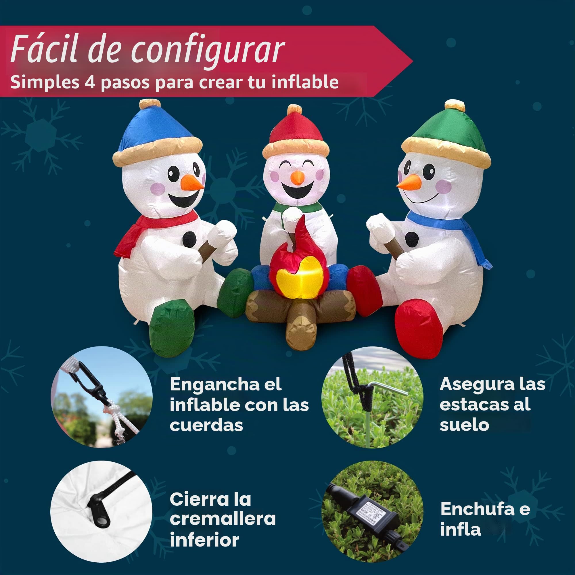 Joiedomi - Muñeco de Nieve Inflable de Navidad de 6 pies de Largo con fogata, Paquete de 3 muñecos de Nieve pequeños con LED incorporados, decoración navideña Inflable para Patio