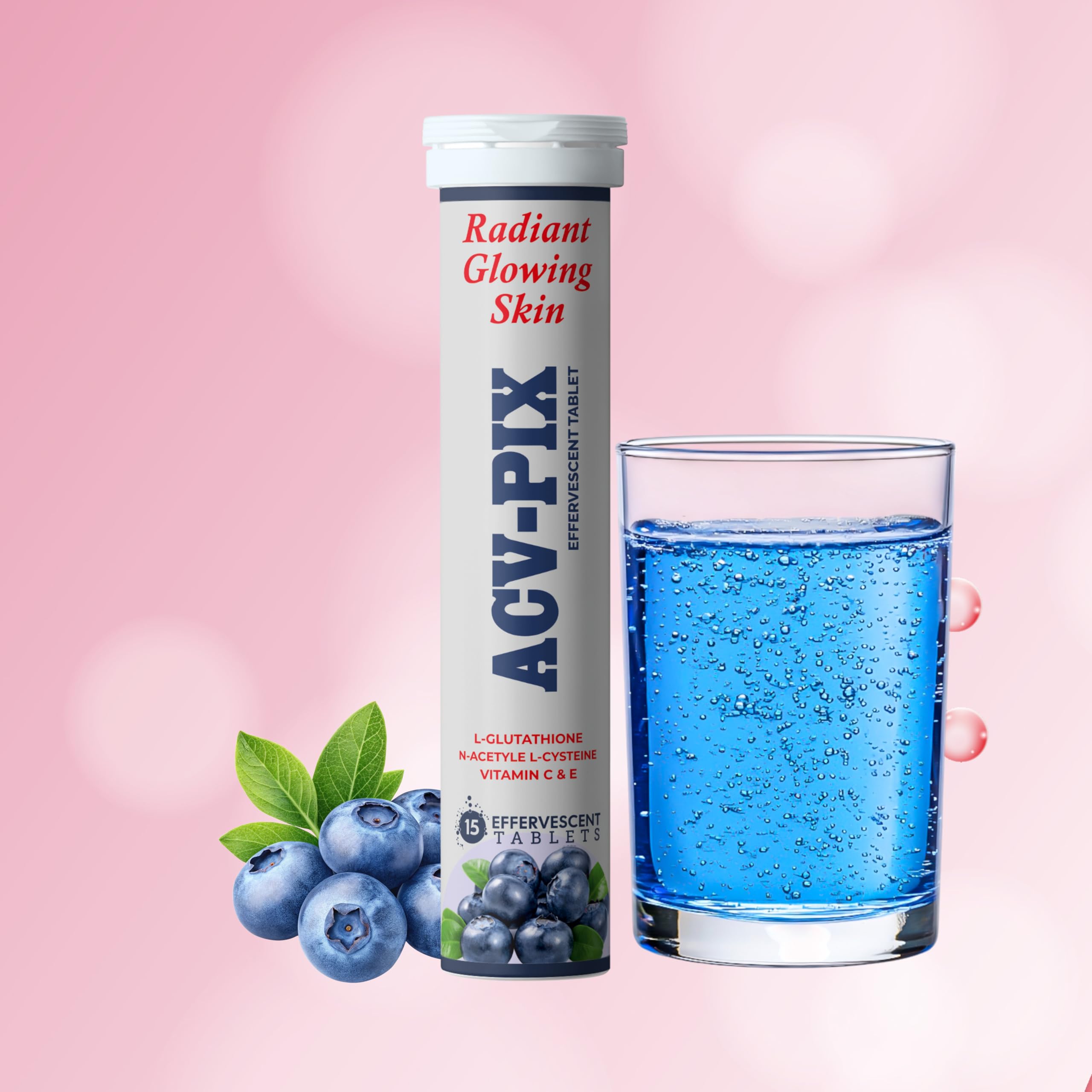ACV-PIX L-Glutathione Tablets With N-Acetyl-L-Cysteine and Vitamin C & E Radiant Glowing Skincare Effervescent Tablets Sugar Free 15 Tablets with