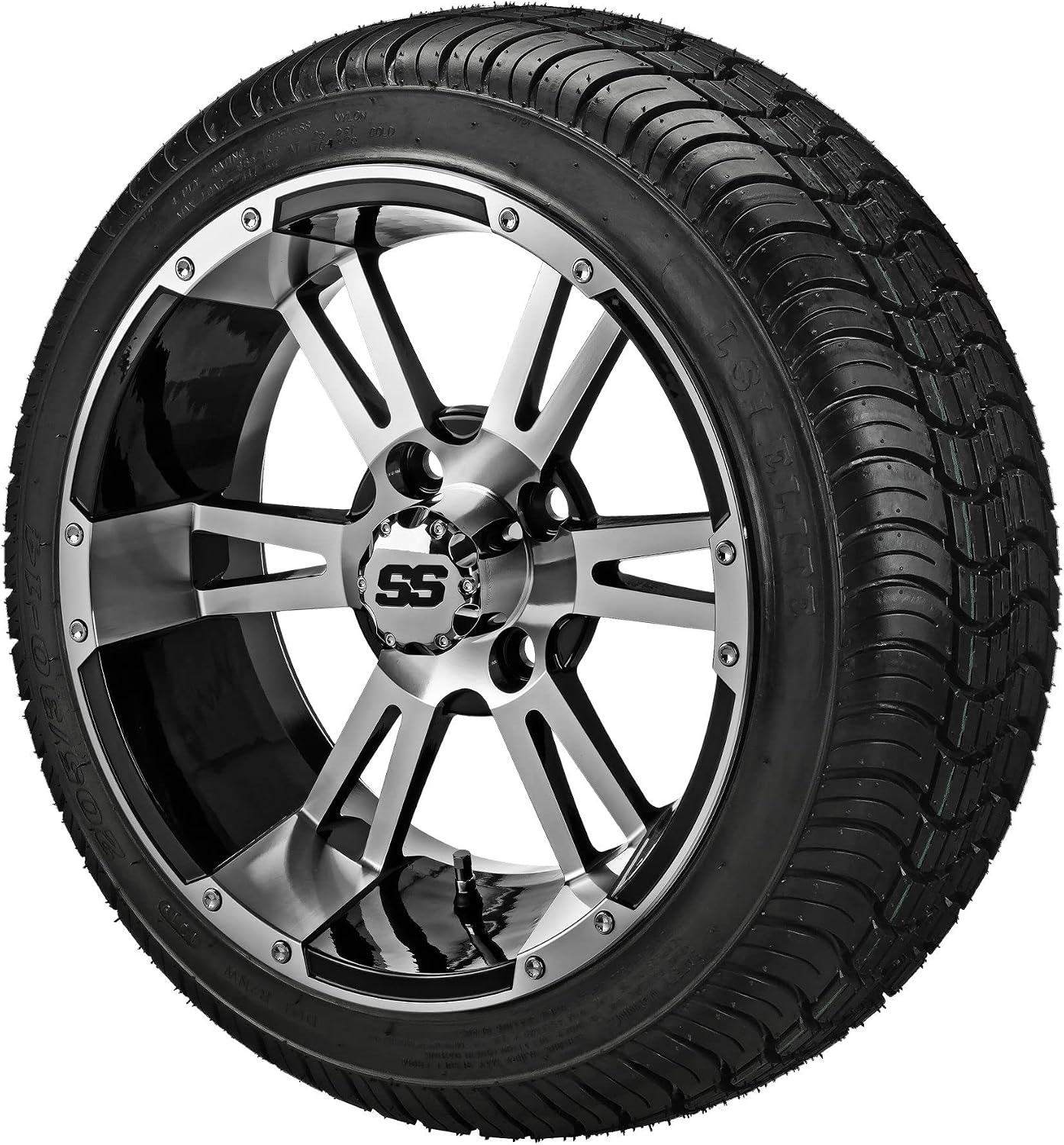 RM Cart 14" Raptor Gloss Black on 205/30-14 LSI Elite Tires (Set of 4) | Golf Cart Tires and Wheels Combo with Standard Lug Nuts
