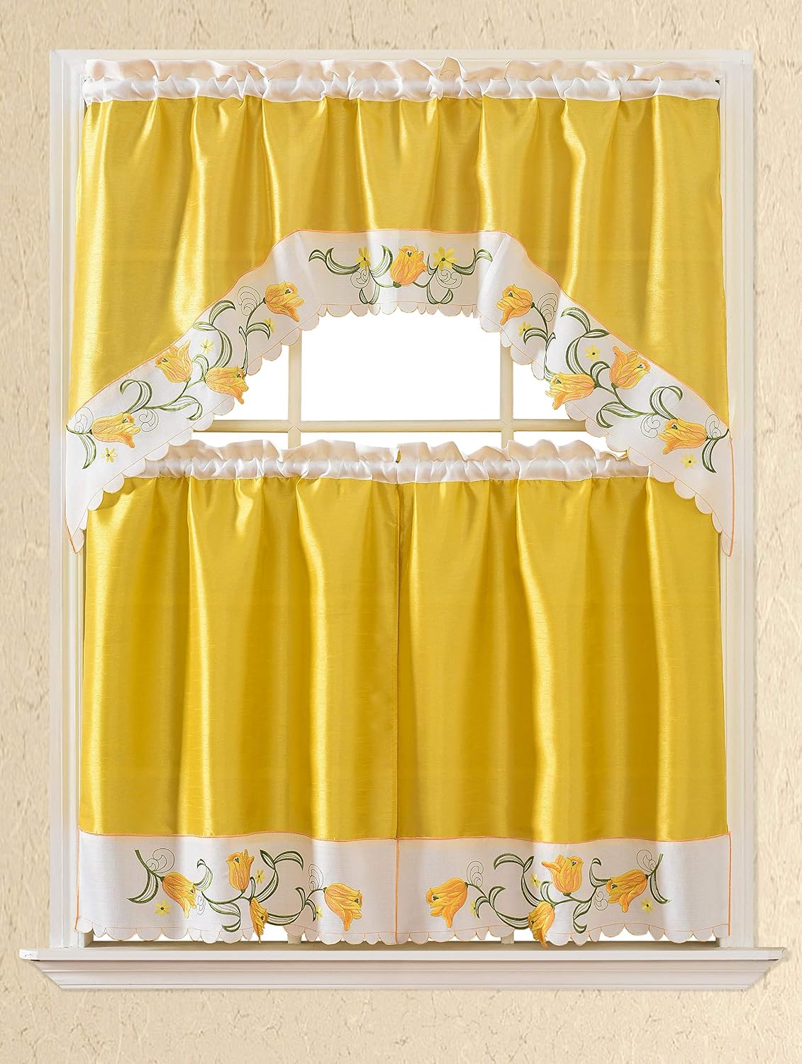 JODY CLARKE 3pc Rod Pocket Embroidered Kitchen Curtains and Valances Set Swag Curtains & Tier Set 36 Inch Length Floral Fruit Designs Many Colors(BT334-YELLOW)