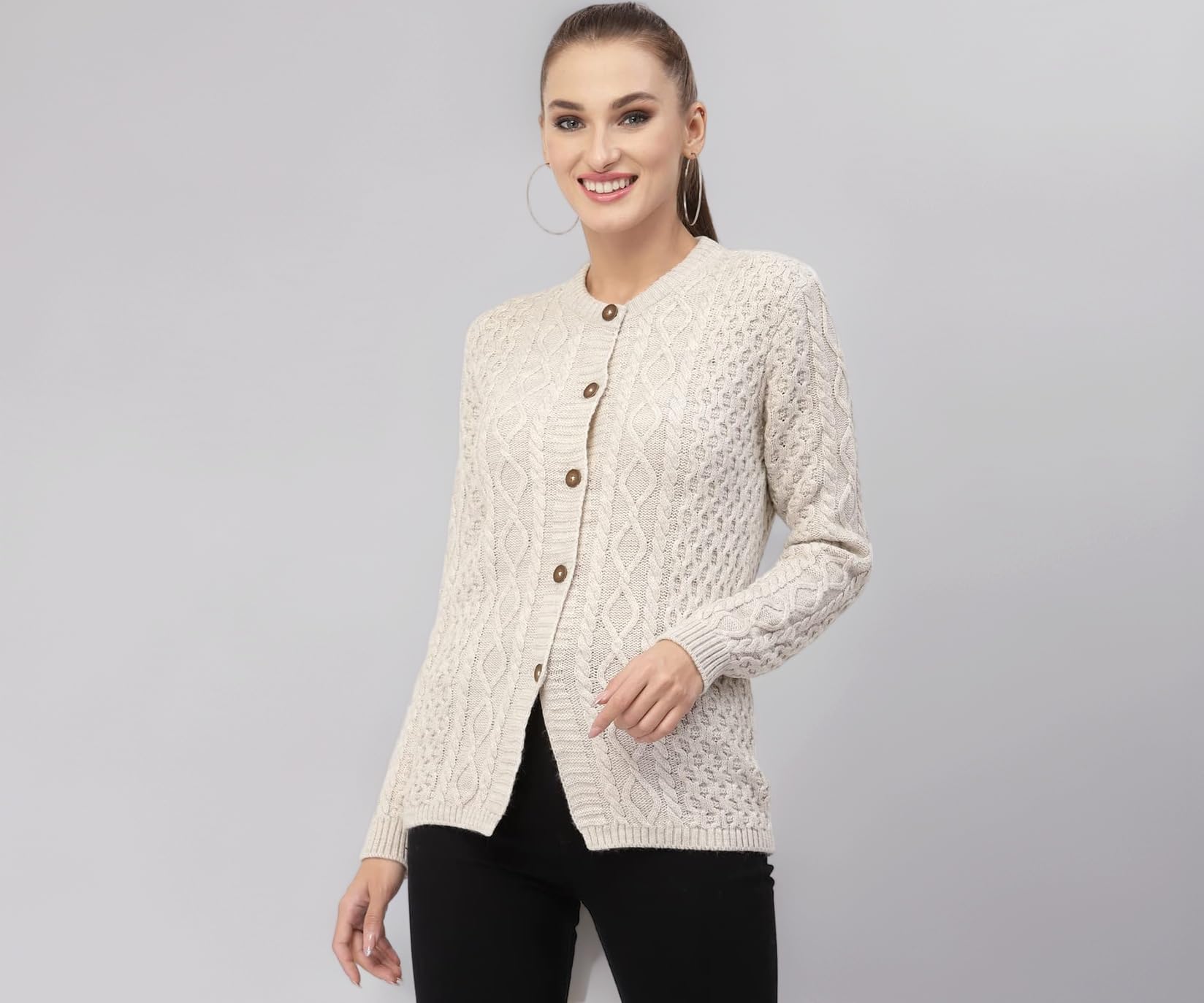 Kalt Women Sweater for Winters Woolen Acrylic Full Sleeve Round Neck Cable Design Cardigan Sweater