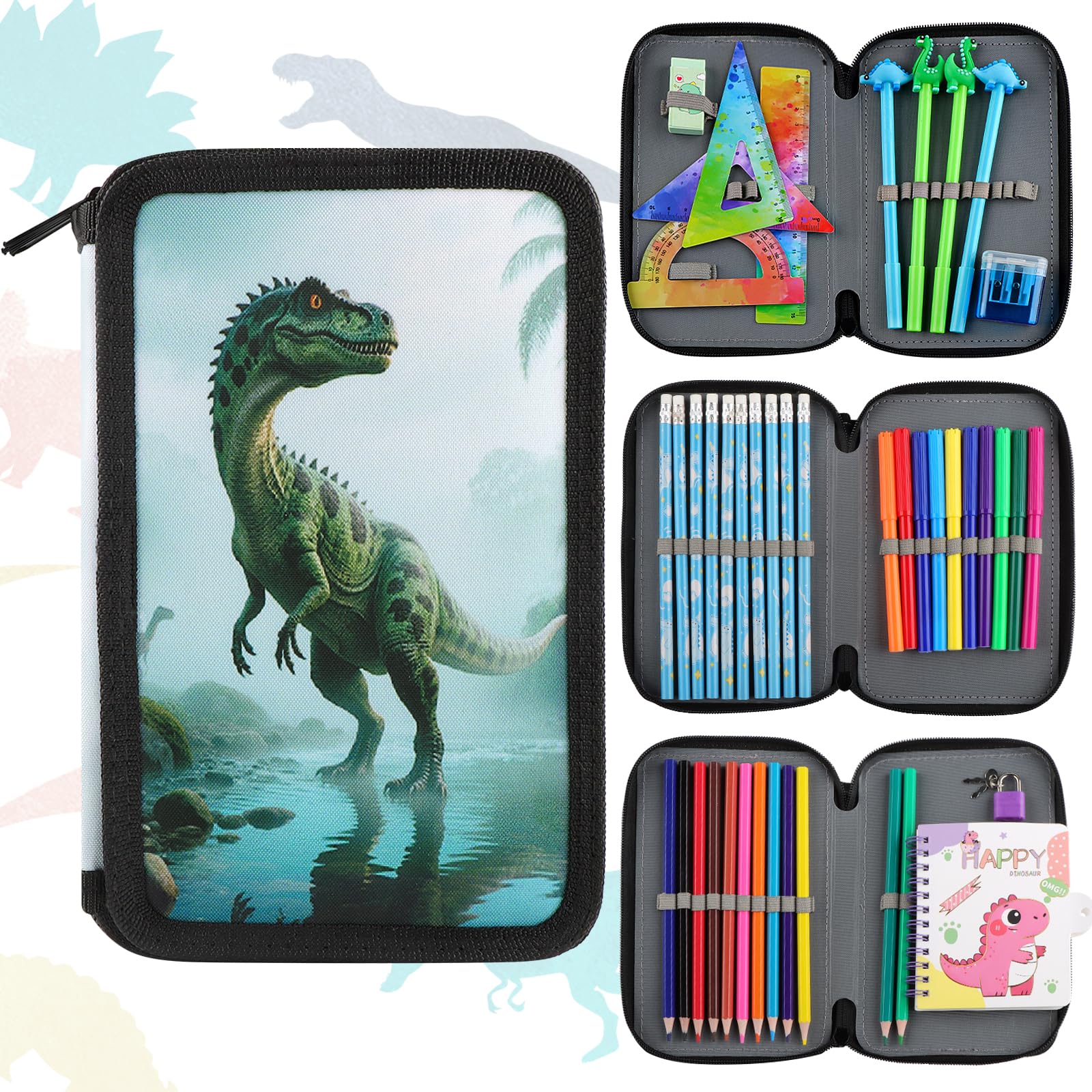 Depesche 13135 Dino World - Gevuld 3-voudig etui in olijfgroen, motief met 3D-effect, etui met kleurpotloden, liniaal, schaar enz