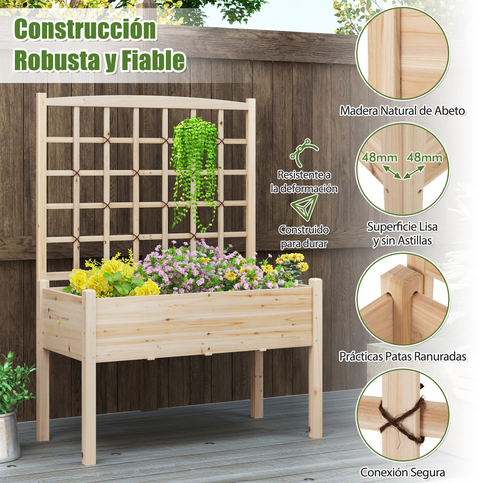 COSTWAY Huerto Urbano Elevado de Madera con Enrejado, Agujeros de Drenaje, Caja de Plantas Elevada de Madera con Piernas para Enredaderas, Flores, Hierbas, Verduras, Maceta para Patio y Balcón