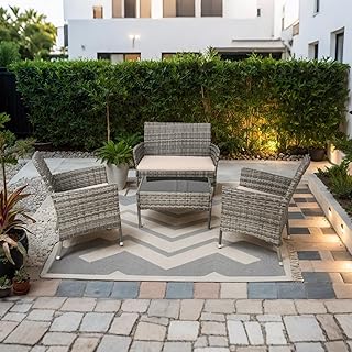 4 Piece Wicker Outdoor Furniture Set, Patio Conversation Set, Woven PE Rattan and Steel with Beige Removable Cushions for Patio, Deck, Lawn and Poolside (Hemp Gray and Beige)