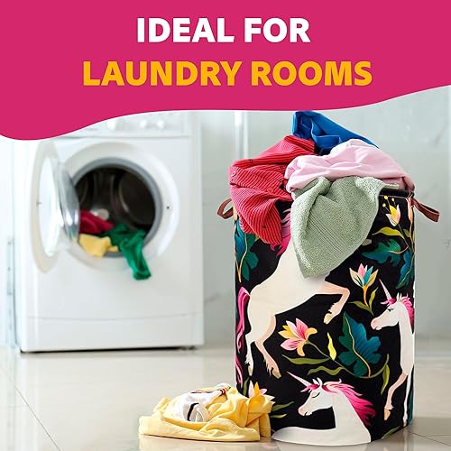 Miniatura 6 de Cesta de lavandería para niños, tema de unicornio, impermeable, plegable con asas, cesta de lona para guardería de 45 L, cesta de lavandería para