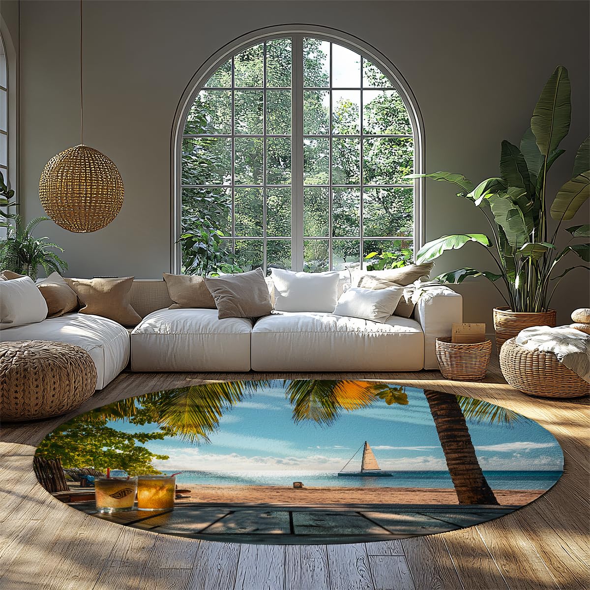 Tapis de salon plage et voilier pour créer une ambiance de vacances