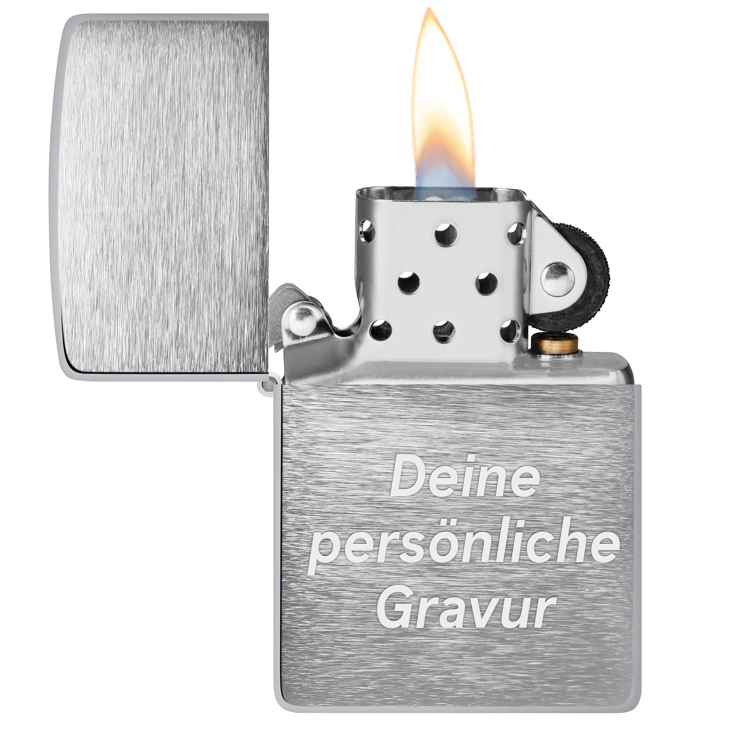 Zippo Sturmfeuerzeug mit Gravur – Brushed Chrome – Personalisiert mit Wunschtext – Nachfüllbar - Wiederverwendbar – Windfest