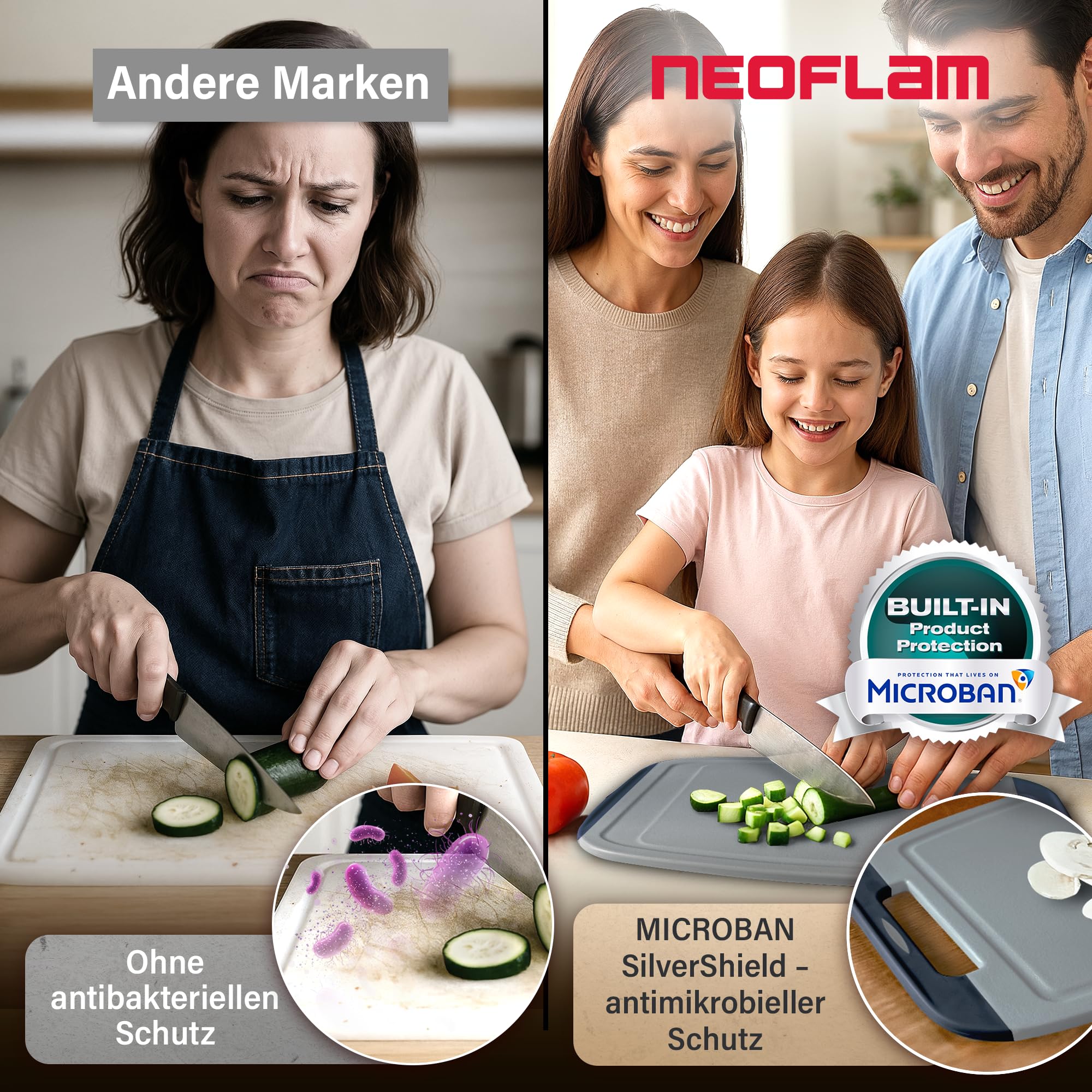 NEOFLAM® Tabla de cortar de plástico grande, mediana y pequeña – Tablas de cortar aptas para lavavajillas, juego de 3 piezas, sin BPA, tabla de cortar con mango y ranura para jugo, antibacteriana con