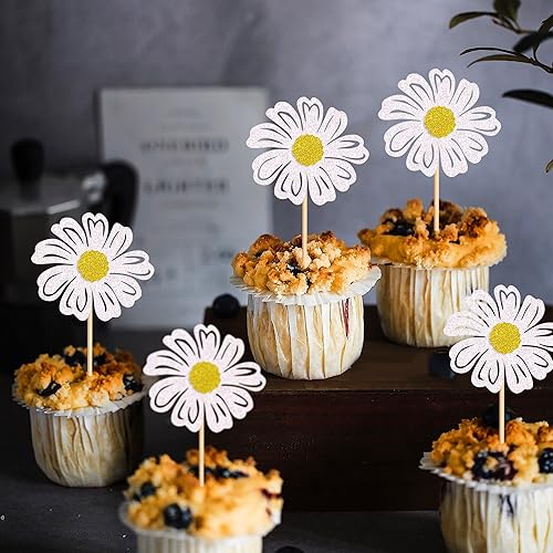 Miniatura 5 de Ercadio Paquete de 24 adornos de margaritas blancas para cupcakes, flores de margaritas blancas, decoraciones de pasteles para temática de