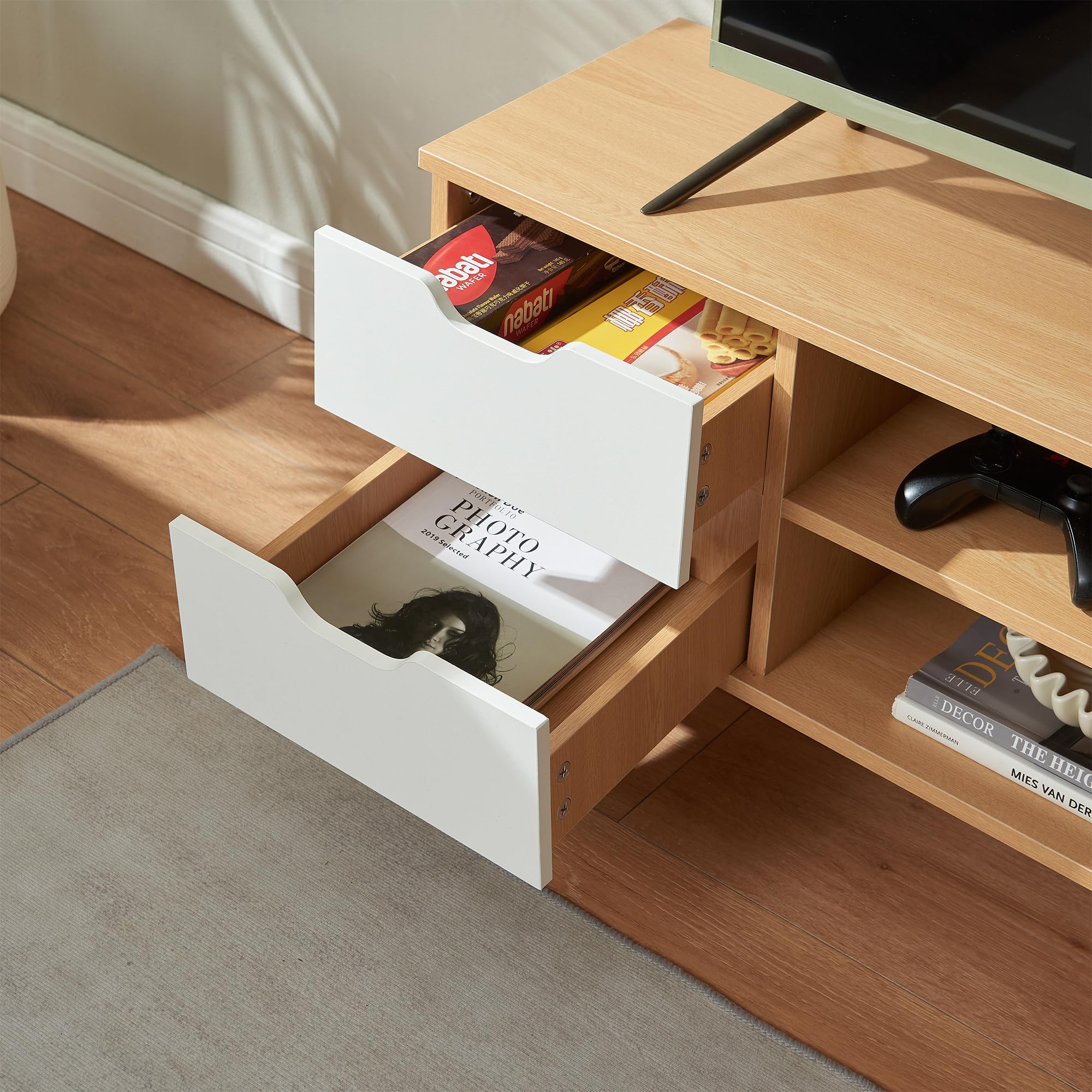 [en.casa] Mobile Porta TV con 4 Cassetti e Scomparti Vani Portaoggetti Stand Multimediale Mobile Contenitore per Soggiorno Camera da Letto Studio 140 x 30 x 45 cm - Effetto Rovere/Bianco