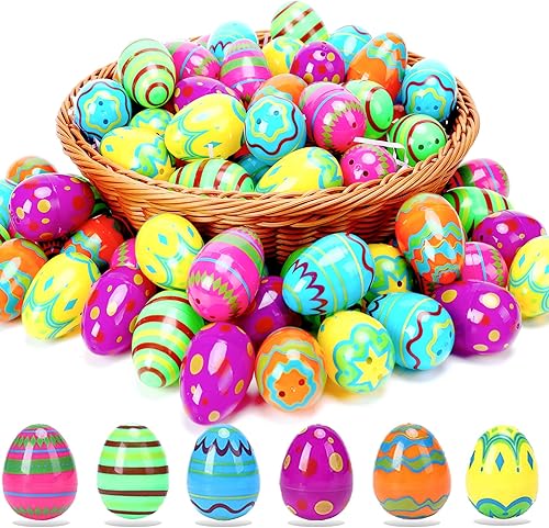 GIMMYFIVE Huevos de Pascua de plástico, 72 unidades, rellenables a granel, huevos de Pascua vacíos con impresión brillante para caza de Pascua,