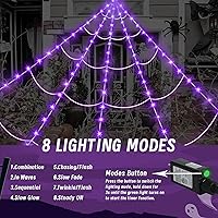 Vista 2 de Luces de telaraña para decoración de Halloween al aire libre de 16.4 pies de telaraña gigante, decoración iluminada, 135 luces LED moradas