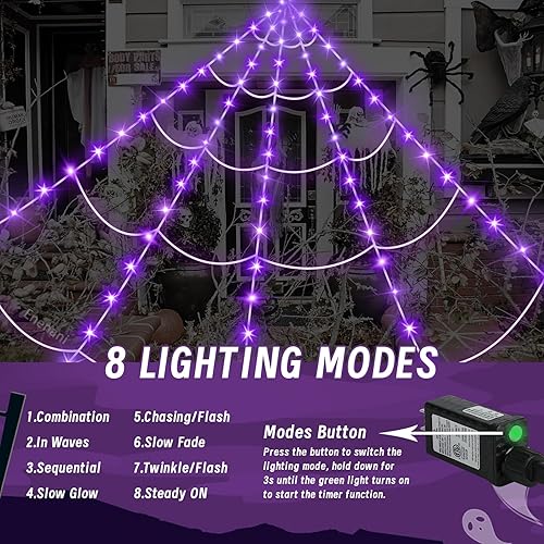 Miniatura 2 de Luces de telaraña para decoración de Halloween al aire libre de 16.4 pies de telaraña gigante, decoración iluminada, 135 luces LED moradas para