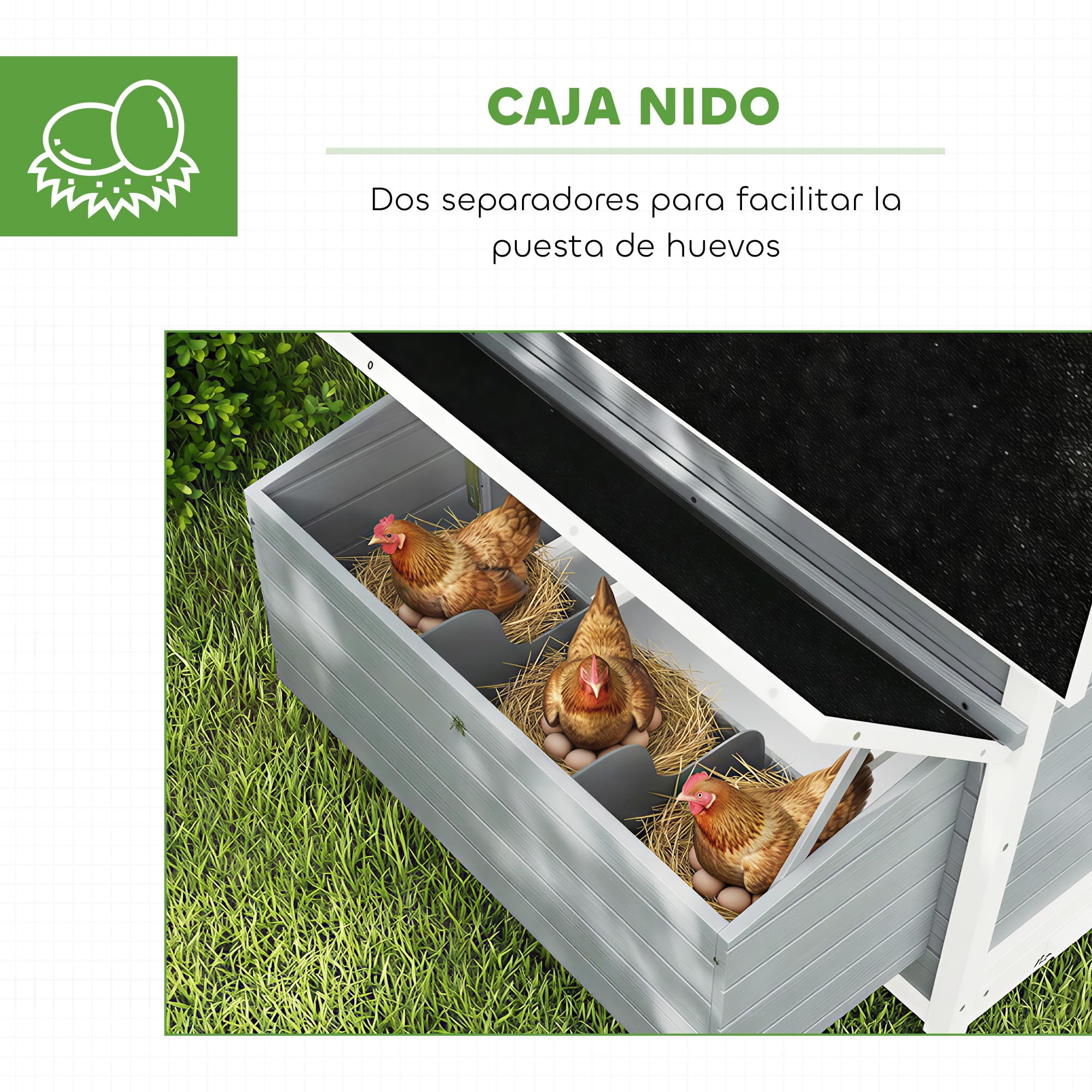 PawHut Gallinero de Madera para Exterior, 2 Nidos, Bandeja Extraíble, Perchas, Techo Impermeable, 150x100x96,5 cm, Gris