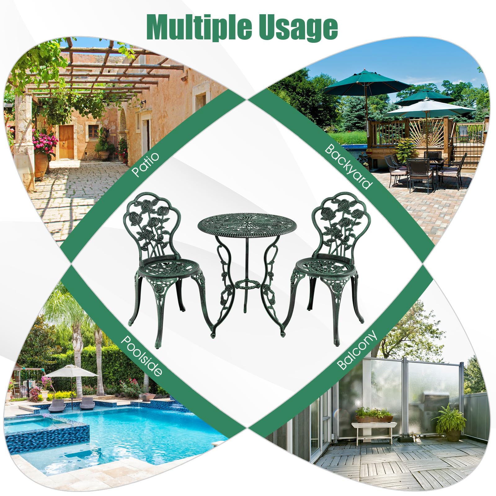 GIANTEX 3-teiliges Bistro Set, Bistrotisch mit 2 Stühlen, Gartenmöbel Set Aluminium, Gartenset Balkonset Antik, Runder Gartentisch, Balkonmöbel Set Garten Sitzgruppe 2 Sitzhocker Outdoor (Bronzegrün)