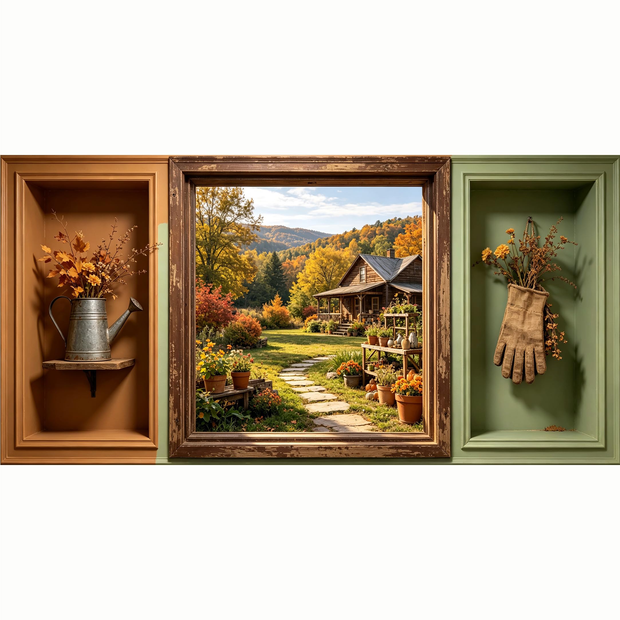 QZLITHOTIC 50x100cm 3D Framed Wall Art， Autumn Cottage Landscape Farmhouse Decor SelfAdhesive Mural， WaterActivated Peel & Stick Fabric Decor Wall Decal for Bedroom Living Room