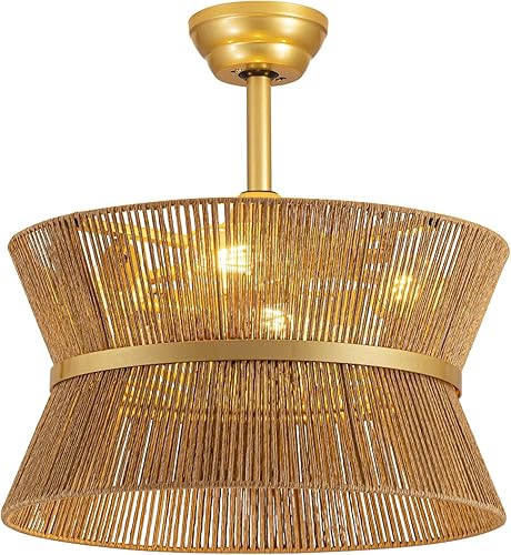 Vista 8 de Ventilador de techo bohemio con luz y control remoto de ratán, ventilador de techo enjaulado dorado con luz para dormitorio, sala de estar, cuarto