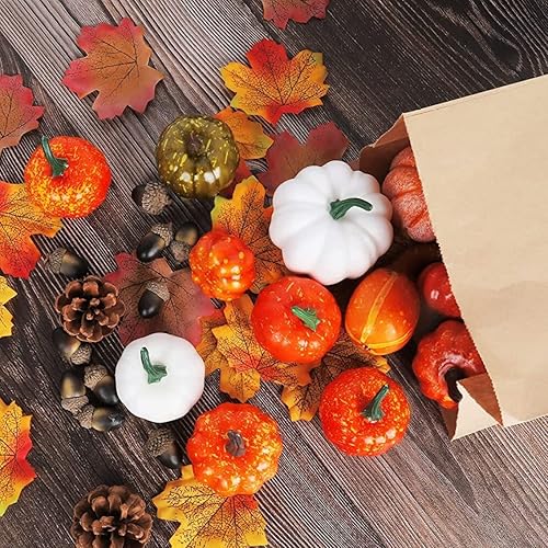 Miniatura 3 de Eioflia Juego de 86 frutas artificiales de Halloween, decoración de Acción de Gracias, calabazas artificiales, hojas de arce falsas, bellotas,