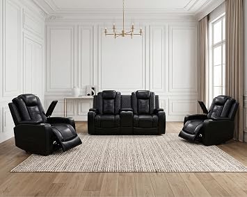 3 Piece Living Room Furniture Set, Breathable Leather Recliner Couch and Two Chairs Set, Power Reclining Couch Set with LED/USB Port/Cup Holders/Storage Black