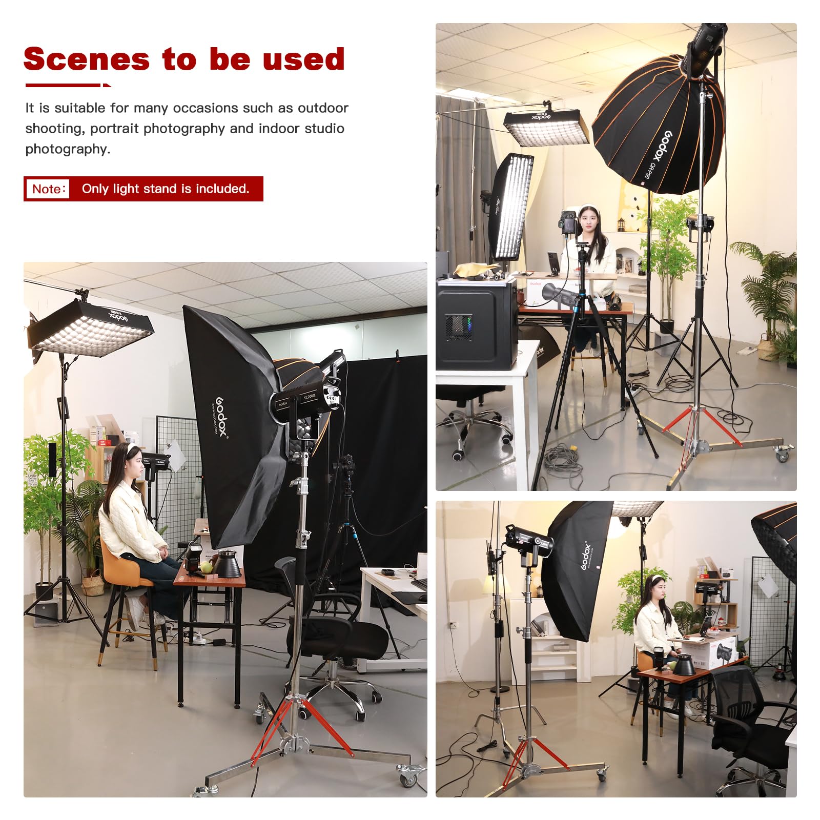 Soonpho WS-300 Pro Light Stand 100% Acciaio Inox Stativo per Luci C con Ruote e Braccio,Stativo a C Pesante in Metallo Altezza massima 300 cm (9,84 piedi) per Riflettori,Monoluci