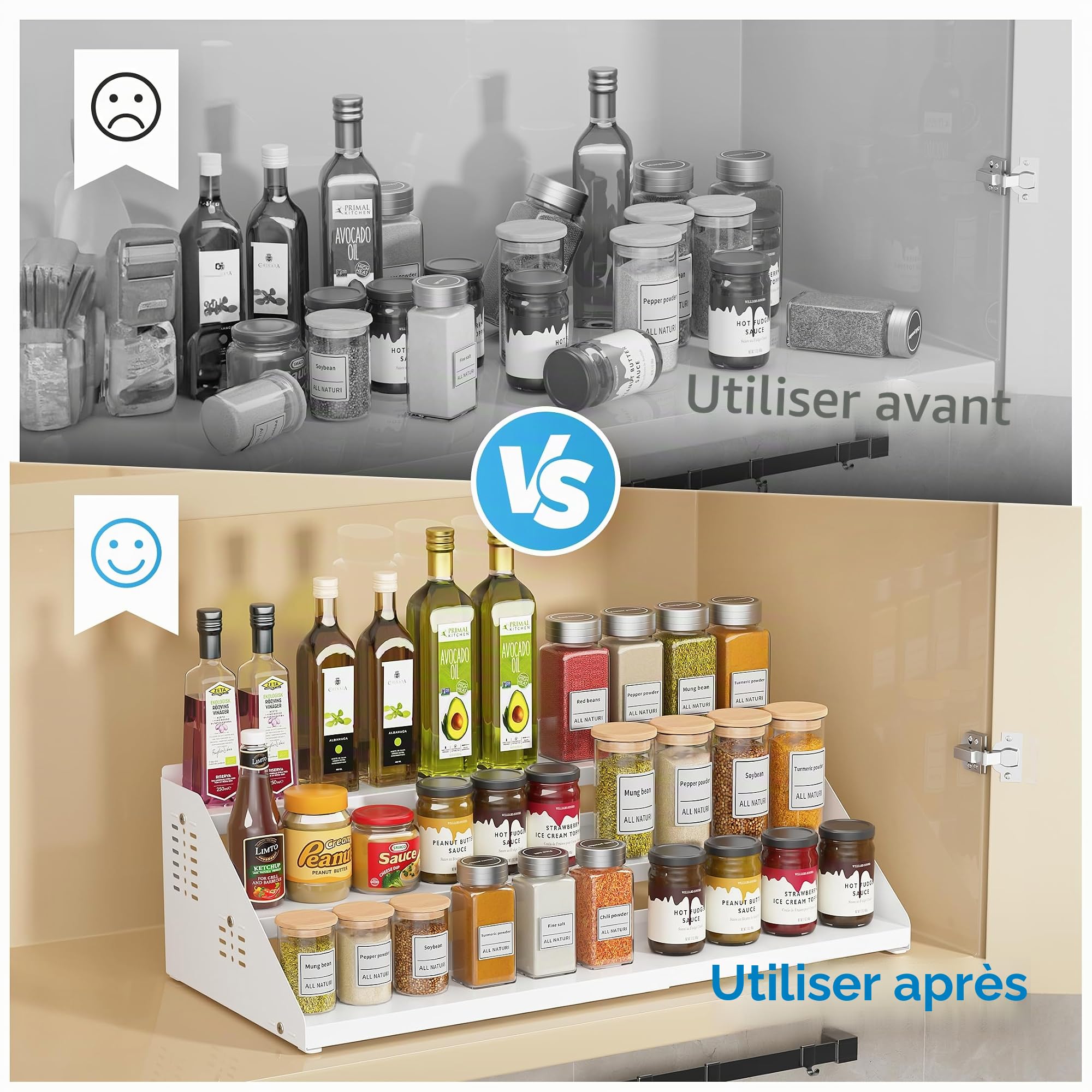 Étagère à épices extensible à 3 niveaux pour armoire, largeur extensible et réglable, organisateur d'assaisonnement pour armoire, comptoir, garde-manger, Blanc
