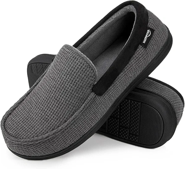 HomeTop Men's Comfort Memory Foam Moccasin Slippers, Breathable Cotton Knit Terry Cloth House Shoes for Indoor Outdoor