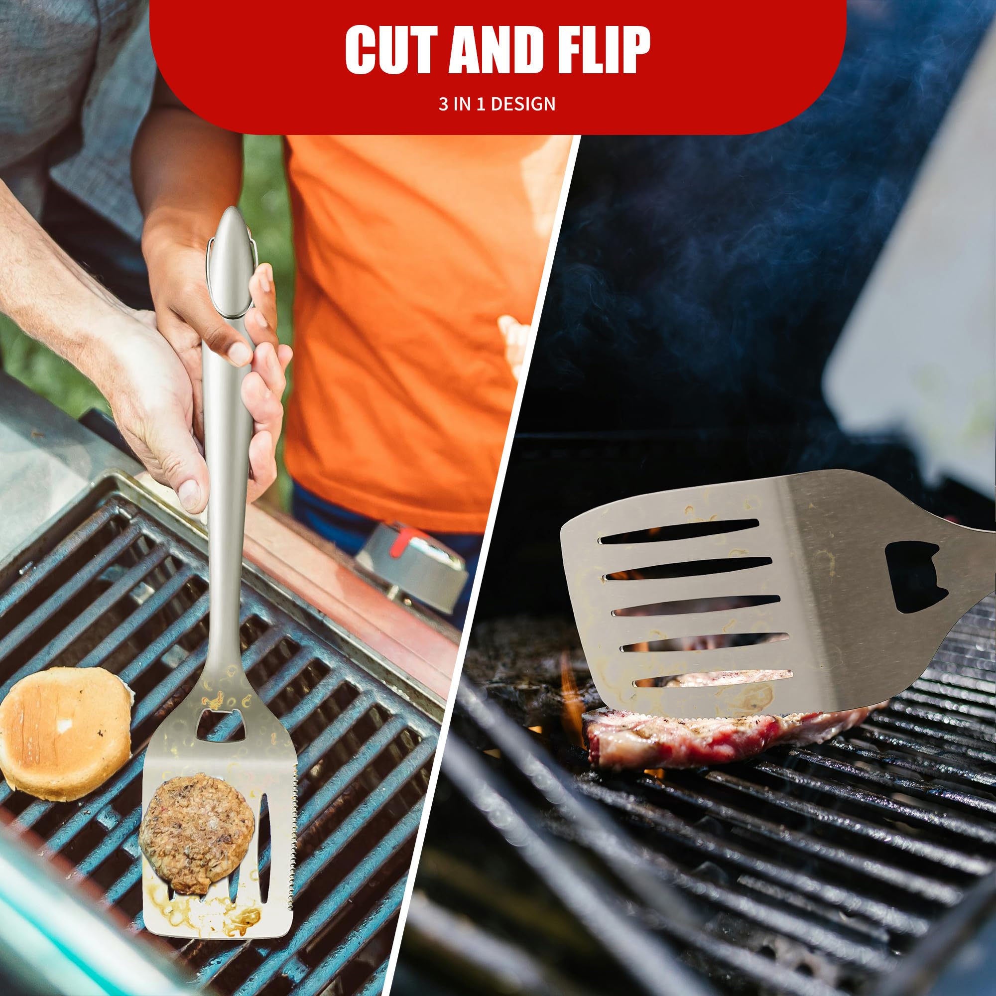 Wysokiej jakości zestaw narzędzi do grillowania ze stali nierdzewnej, wytrzymała szpatułka, widelec, szczotka, skrobak i szczypce - idealne akcesoria do grillowania i prezenty dla mężczyzn, kobiet i