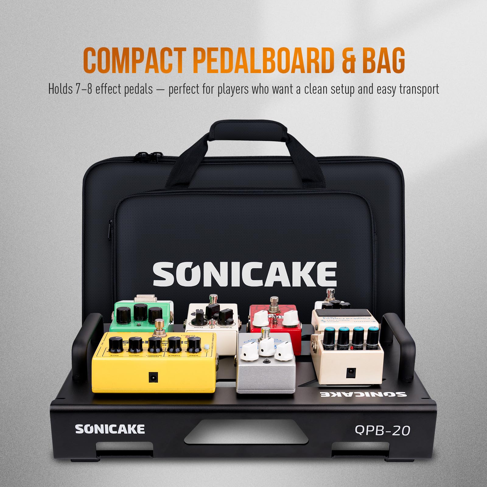 SONICAKE Pedaliera Mini per Chitarra in Alluminio Pedalboard per Effetti per Chitarra 38 x 29 x 6.5 cm con Borsa, Nastro Pedaliere e Fascette Nero QPB-21
