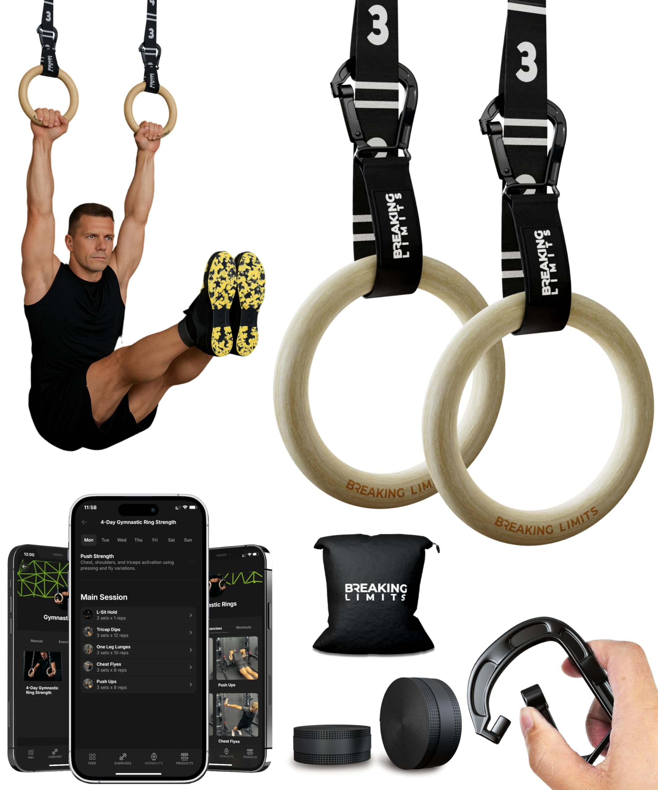BREAKING LIMITS Gymnastics Rings - Gymnastic Rings & Gym Rings - Calisthenics Rings for Strength Training - Olympic Rings for Home Workouts - Wooden Pull Up Rings with Adjustable Straps