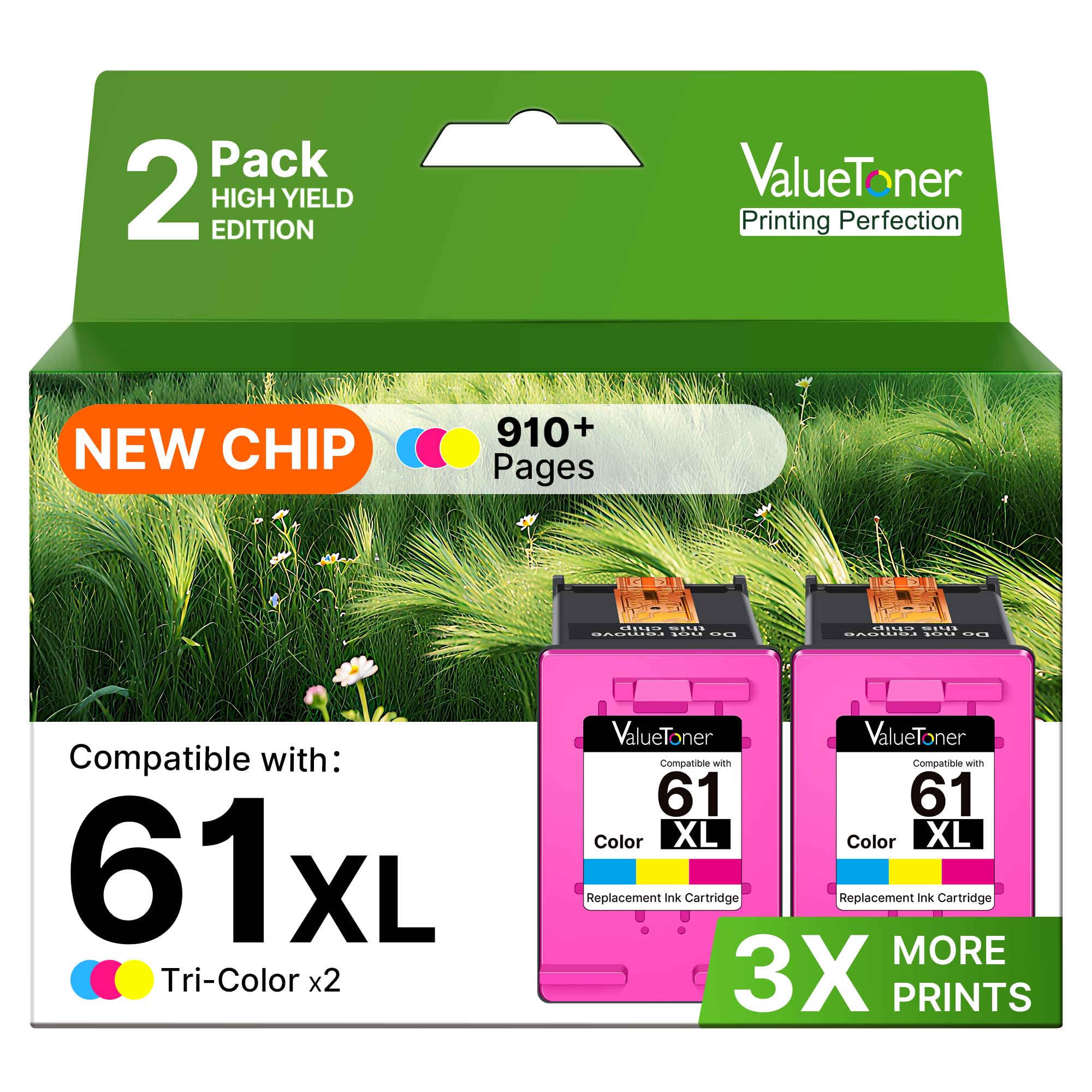 61XL Color Ink Cartridges Replacement for HP 61 Color Ink Cartridge High Yield for HP Envy 4500 4502 5530 Deskjet 1000 1056 1510 1512 1010 1055 OfficeJet 4630 Printer (2-Pack, Tri-Color)