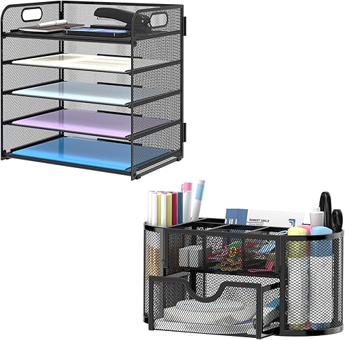 SUPEASY Paquete de 5 bandejas organizador de papel y mini soporte para bolígrafos de 9 rejillas (negro)
