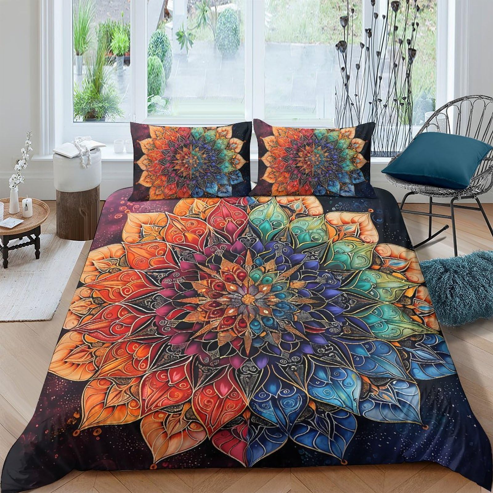 Ctjqhvkz Style-9 3D Printed Mandala Rainbow Fitted Sheet Microfiber Soft Decorative Boho Flower Bed Cover For Bedroom Dorm Mattress Protection Single（135X200cm）
