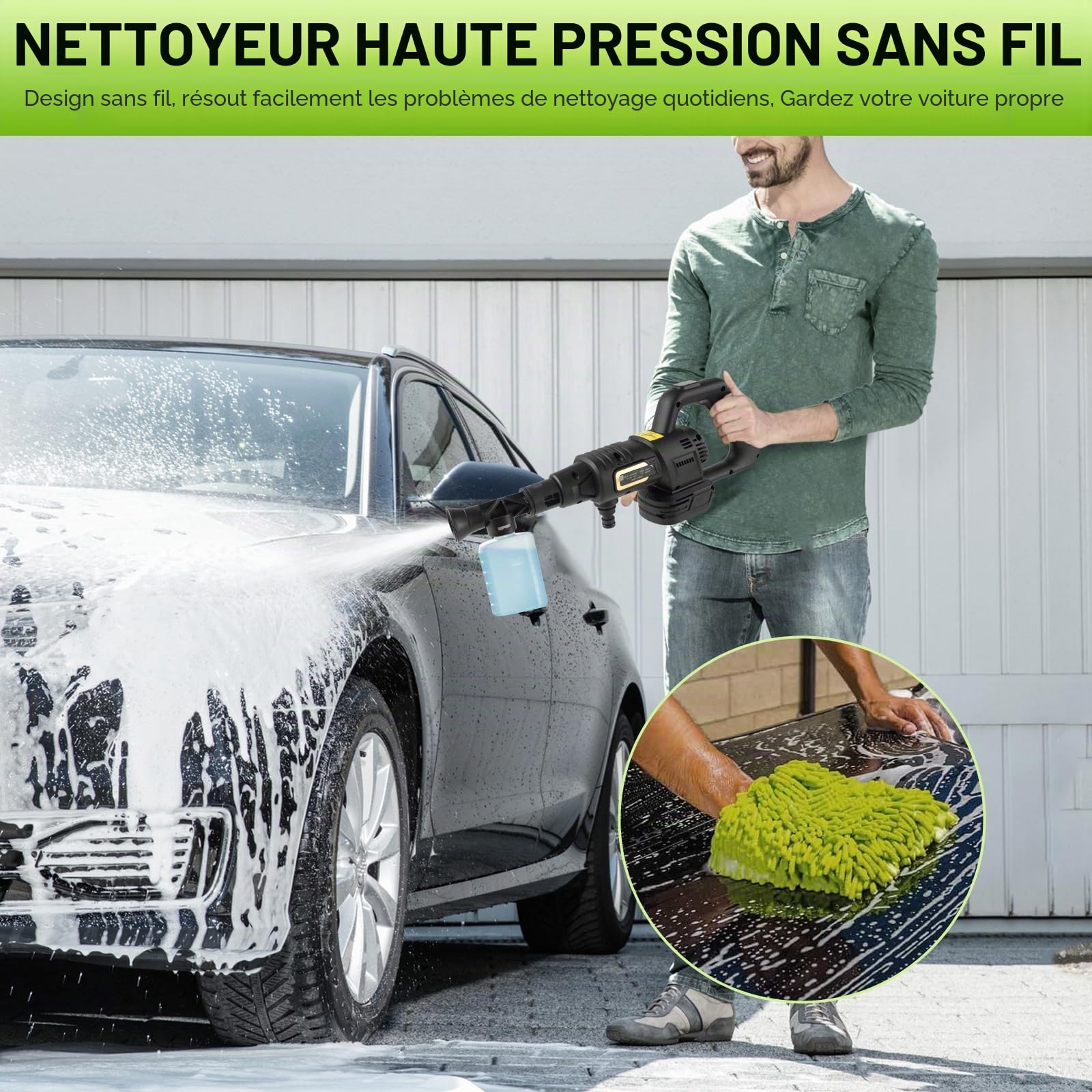 Nettoyeur Haute Pression à Batterie, Nettoyeur Haute Pression sans Fil | Compatible avec Makita 18 V Batterie, Max 65 Bar, 6-en-1 Multi-Usage Buse, Tuyau 5m, Affichage LCD, Pulvérisateur de Mousse