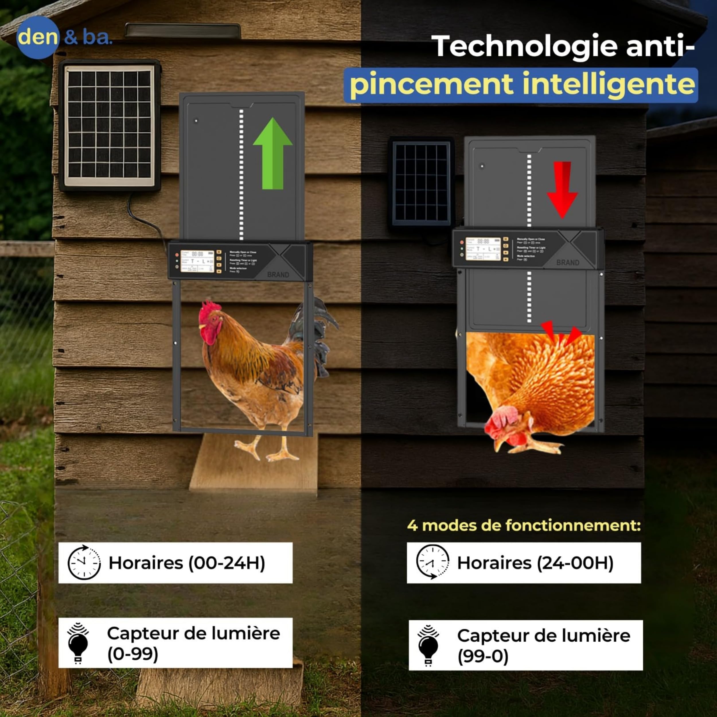 Grande porte poulailler solaire automatique programmable avec minuterie | Ecran LCD étanche, télécommande | chargement USB | Protection sécurité contre prédateurs, tranquillité pour vos poulets | Noir