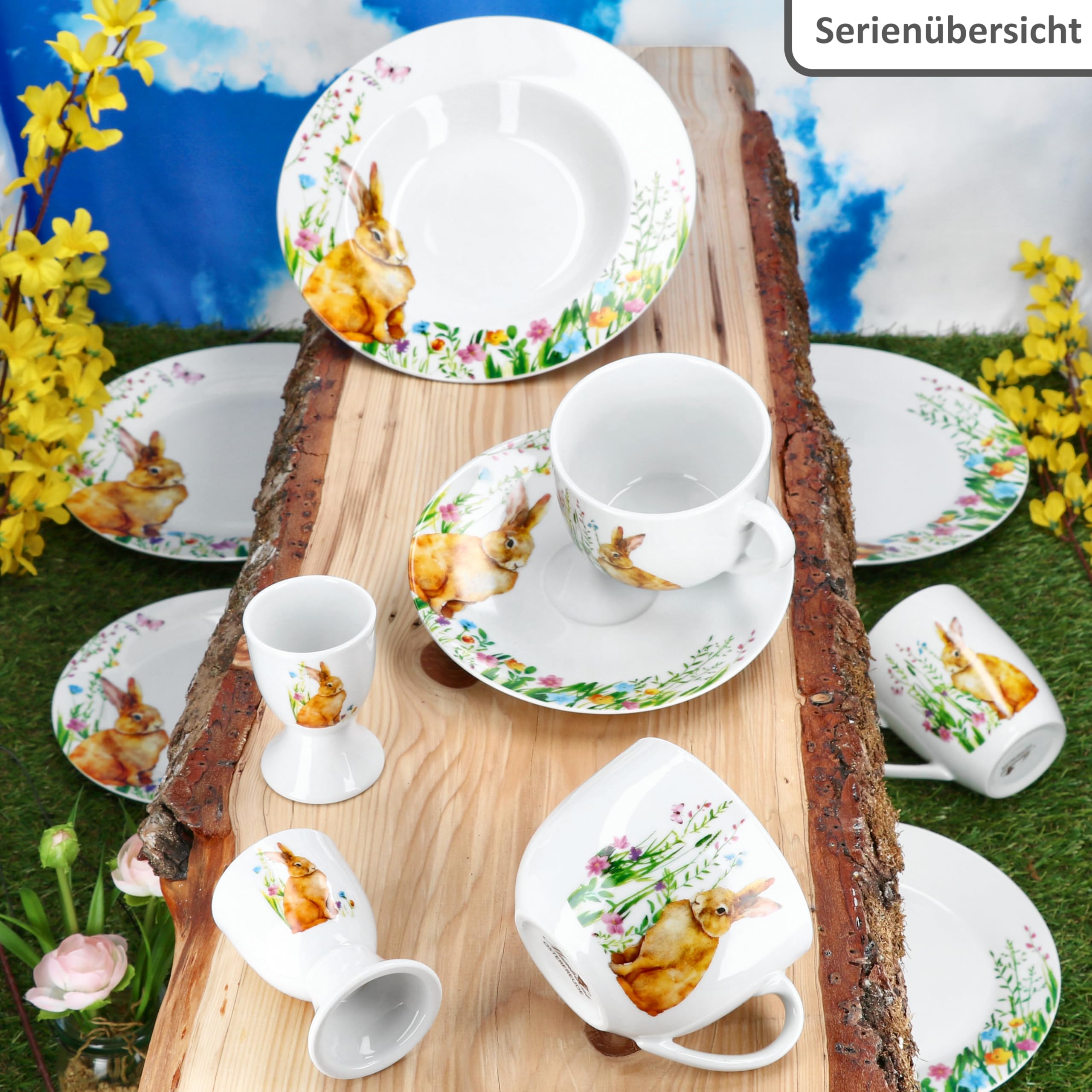 MamboCat 30-częściowy zestaw śniadaniowy Osterfreude I wiosenny porcelanowy zestaw naczyń z dekoracją zajączka wielkanocnego dla 6 osób I po 6 kieliszków do jajek, kubków, talerzy do ciasta, talerzy