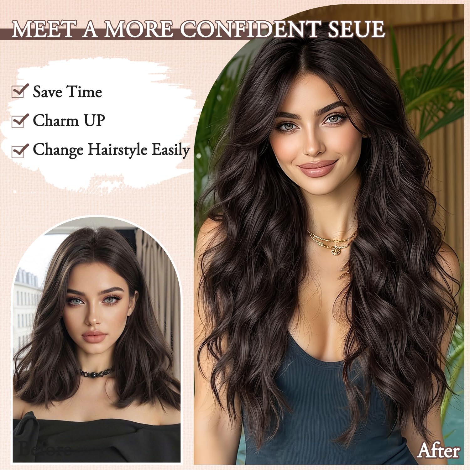 Clip In Hair Extensions 20 Inch with U-Shape Lace & 5 Clips,Long Wave Curly Heat Resistant Full Shine Synthetic Hairpieces for Women(Dark Brown)