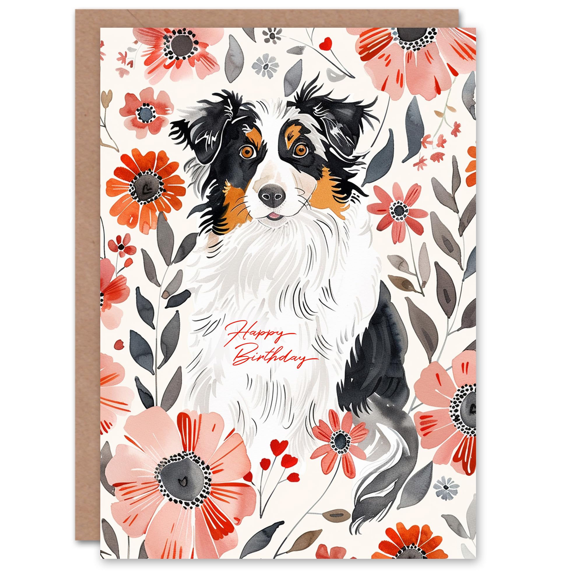 Artery8 Dog Lover Floral Australian Shepherd Portrait Blank For Him Or Her Art Birthday Card